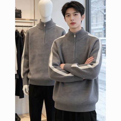 青少年撞色秋冬季毛衣拉链加厚立领保暖针织线衣针织衫打底