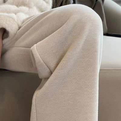 【外贸撤柜100%正品】羊毛呢高档阔腿裤女人字纹宽松垂感休闲裤