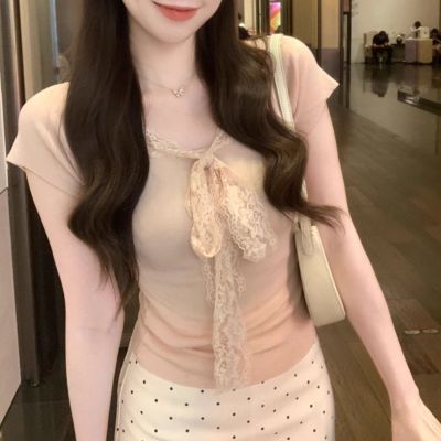 蕾丝拼接V领蝴蝶结绑带短袖t恤女2025夏季新款甜美风修身显瘦上衣