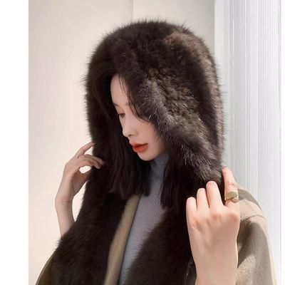 韩版新款冬季护耳保暖连帽紫貂风雪帽貂皮大码围巾帽子一体皮草优惠商品图片
