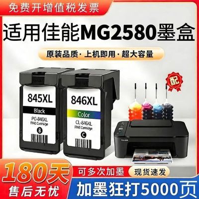 适用佳能MG2580打印机845墨盒Canon TS3180喷墨连供黑彩原装846