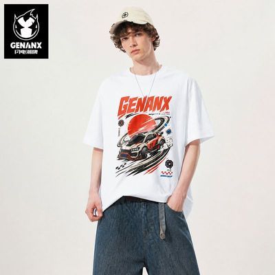 GENANX闪电潮牌街头潮流赛车印花宽松纯棉情侣款短袖T恤上衣