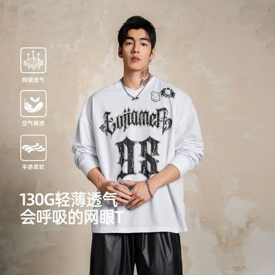 【鹿家门】运动休闲长袖T恤男秋季新款哥特印花圆领廓形大码健身上衣