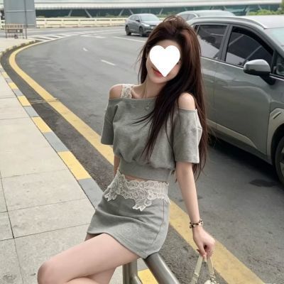 韩系斜肩辣妹拼接短袖上衣半身裙两件套女2025夏季新款时尚套装潮