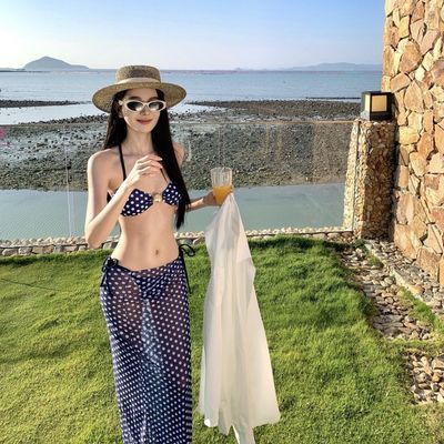 纯欲波点比基尼泳性感挂脖绑带长裙辣妹度假海边拍照包裤裙三件套