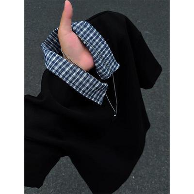 2026夏季男格子设计假两件拼接翻领衬衫领美式polo衫短袖半袖t恤优惠商品图片