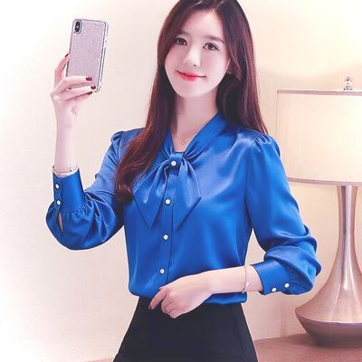 女士夏天衣服气质显瘦遮肉长袖女士上衣妈妈装百搭蝴蝶结宽松衬衣