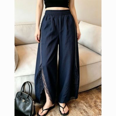 深蓝蕾丝拼接阔腿裤显瘦百搭独特巨好看胖mm小个子休闲宽松裤子女