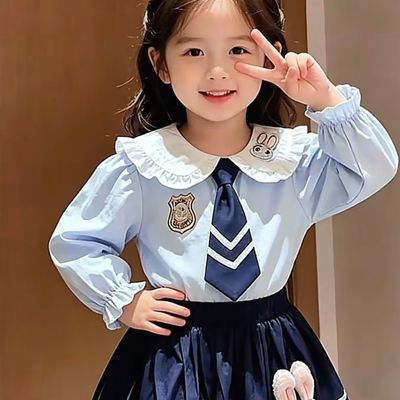 女童套装学院春秋款新款宝宝长袖洋气兔子警官儿童百褶裙开学