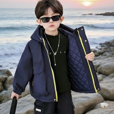 男童加棉外套2026新款儿童秋冬派克服连帽棉服加棉中厚帅气外套