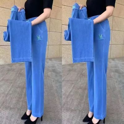 清仓价夏季薄款冰丝牛仔裤户外高腰弹力松紧腰直筒夏季中老年女裤