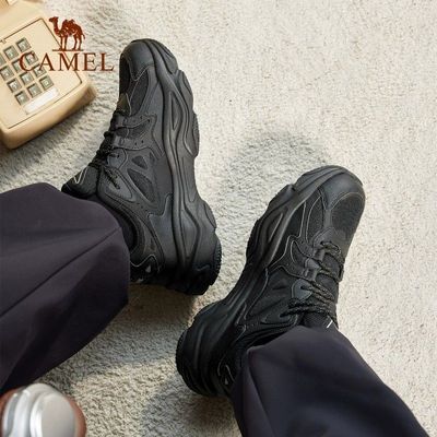 骆驼星火休闲鞋男新款透气黑色厚底老爹鞋减震复古跑步鞋运动鞋