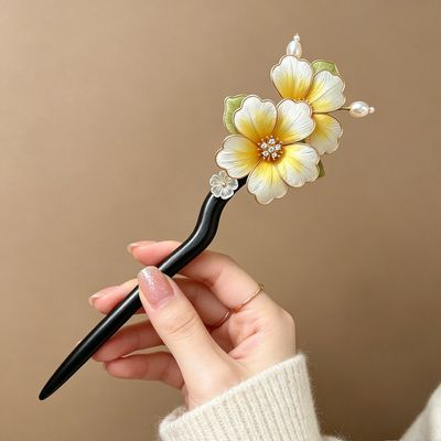 蚕丝原创绒花黑樟木古风中式发钗发簪汉服气质国风旗袍头饰