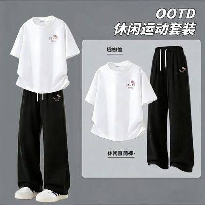 【两件套】夏季冰丝短袖长裤套装凉感速干男女宽松休闲百搭T恤衫优惠商品图片