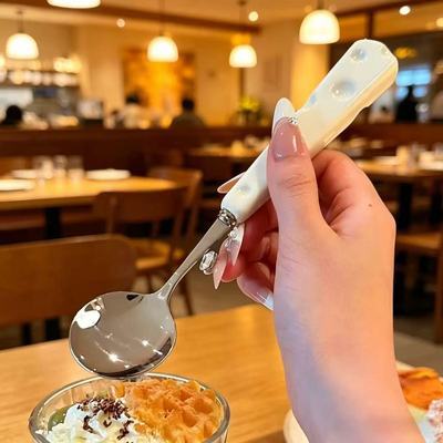 可爱轻奢奶酪不锈钢勺子家用高级感儿童学生吃饭圆勺长柄调羹汤勺【7天内发货】
