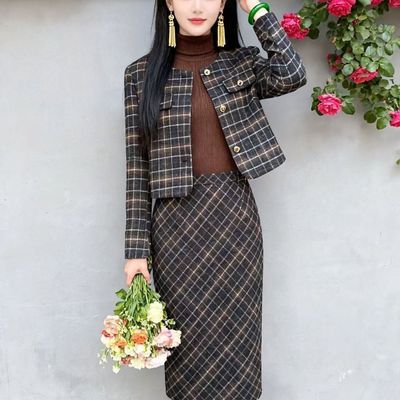 2026复古格纹羊毛小香风套装高端时尚春秋款外套气质高级感套装裙