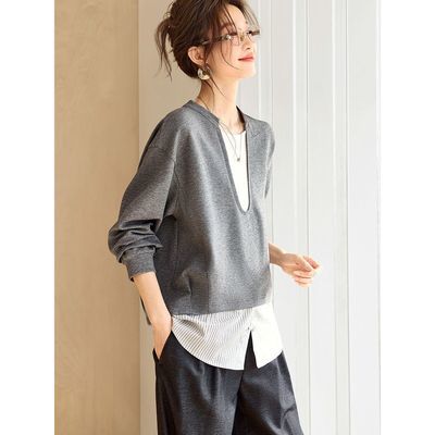 【MOHO&MO】沫晗依美 2026秋新款简约通勤撞色落肩宽松显瘦套头卫衣女