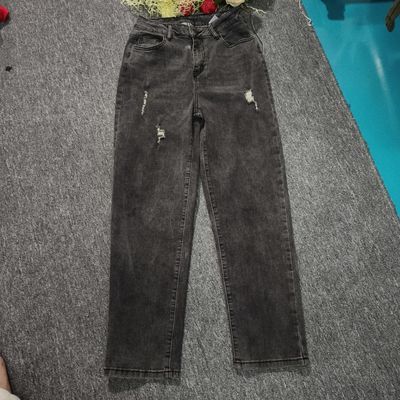 复古烟灰色破洞牛仔裤高腰直筒九分裤百搭显瘦小个子牛仔裤子