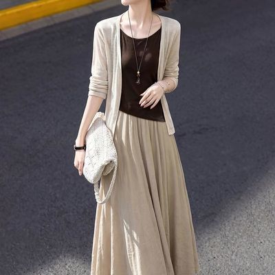 老钱风套装裙女早秋薄款2026年新款长袖开衫吊带背心半身裙三件套