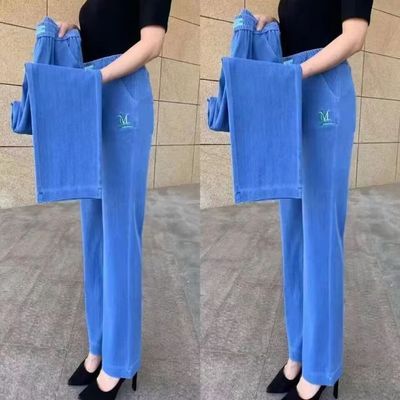 清仓价夏季薄款冰丝牛仔裤户外高腰弹力松紧腰直筒夏季中老年女裤