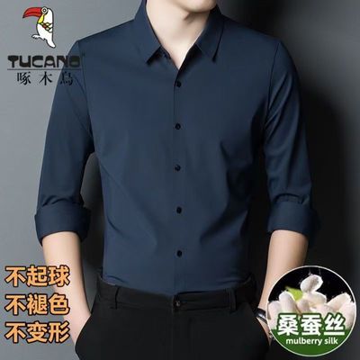 啄木鸟桑蚕丝高档衬衫男士长袖无痕免烫春秋薄款弹力纯色抗皱衬衣