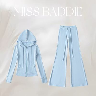 MISS专属春秋款德绒连帽辣妹风松弛感显瘦显身材气质休闲微喇套装