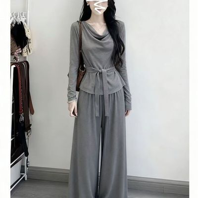 休闲运动套装女2026秋季新款洋气荡领修身显瘦上衣阔腿裤两件套优惠商品图片