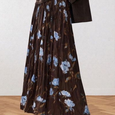 咖色鸾尾花晕染压褶半身裙女秋冬中古vintage松紧腰长款百褶裙