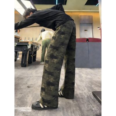 美式迷彩裤子百搭男款高街潮流窄版修身提档休闲微喇直筒裤牛仔裤优惠商品图片
