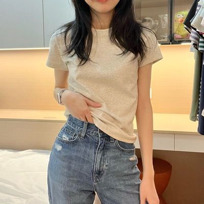 正肩棉质短袖T恤夏季休闲新款修身圆领上衣白色显瘦基础ins打底衫