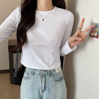 【清仓!!】春秋款韩版圆领长袖修身T恤辣妹设计感短款女百搭打