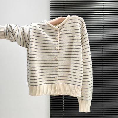 韩系条纹针织开衫毛衣外套女秋冬高级感百搭休闲宽松显瘦长袖上衣
