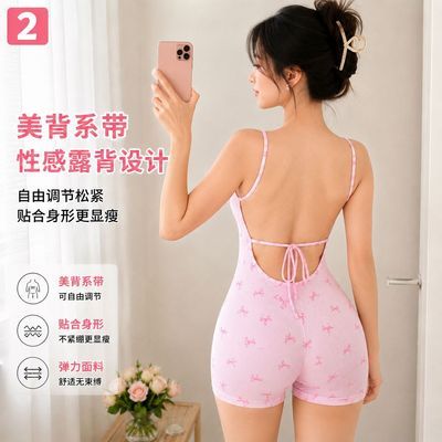 甜美少女蝴蝶结连体睡衣粉色薄款吊带露背修身弹力短款居家服外穿优惠商品图片