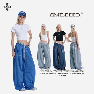 SMILEDDD【升腰裤】复古蓝双腰头卫裤辣妹显腰显瘦休闲街舞跳舞长优惠商品图片