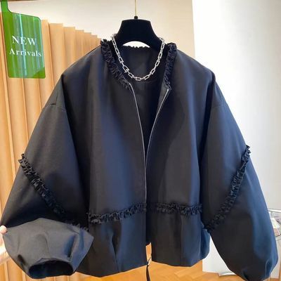 高级花边圆领大码外套女短款2026新款春装宽松休闲百搭夹克上衣