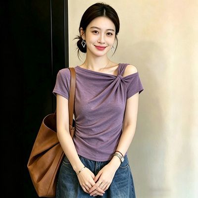 2026新款露肩短袖套头T恤女气质感修身显瘦显瘦辣妹风上衣390优惠商品图片