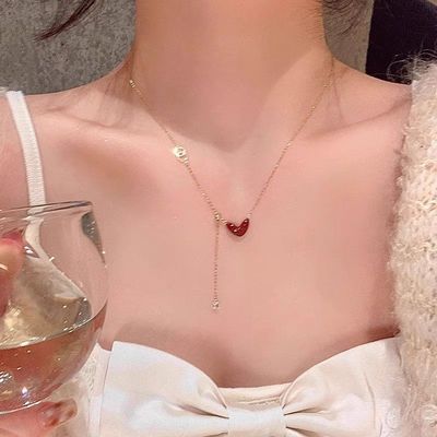 轻奢小众酒红爱心项链气质百搭可调节高级日常甜美精致女生锁骨链