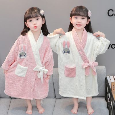 女童浴巾睡衣秋冬秋冬季法兰绒儿童卡通加绒睡袍女孩珊瑚洗澡浴袍