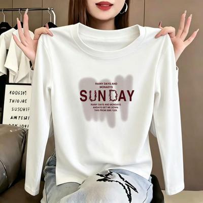 100%纯棉长袖T恤女秋冬新款正肩宽松显瘦设计感小众外穿打底上衣