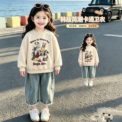 女童卫衣春秋款韩版简潮小狗卡通印花上衣中小童宽松圆领套头衫