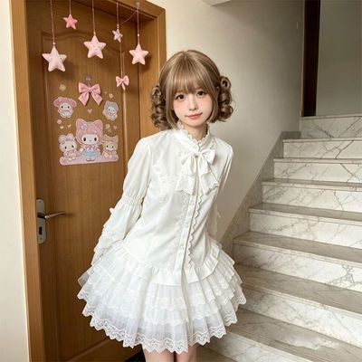 Lolita内搭泡泡袖娃娃领中古蕾丝可爱软妹长袖洛丽塔衬衫