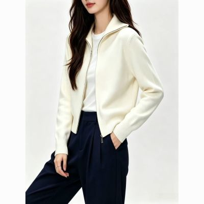 翻领双拉链针织开衫女春秋纯色宽松通勤上衣气质百搭针织毛衣外套