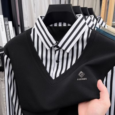 中年男士假两件长袖T恤春秋爸爸装衬衫领上衣中老年宽松打底衫男