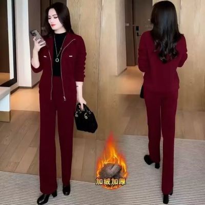 秋冬季新款安可拉红时尚穿搭保暖休闲高腰宽松显瘦加绒加厚女裤子