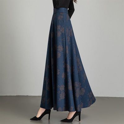 秋冬毛呢半身裙碎花高腰中长款女裙子口袋加深伞裙冬裙大摆裙长裙优惠商品图片