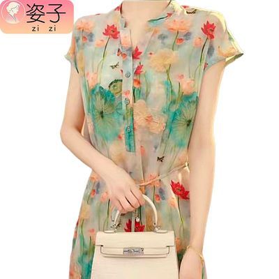 【姿子】荷塘月色垂感V领妈妈夏季时尚气质礼服裙子中老年女显瘦优惠商品图片