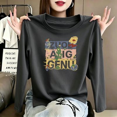 100%纯棉圆领长袖打底衫2026秋冬新爆款女士休闲百搭印花上衣女潮