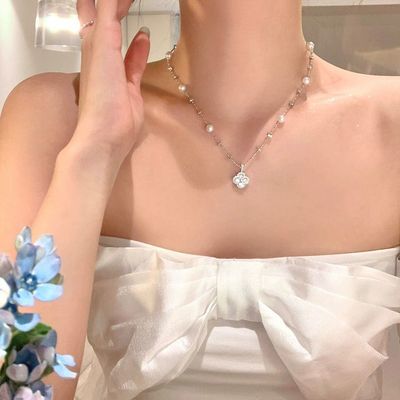 防水防汗精致满钻四叶花珍珠项链百搭小众气质时尚日常穿搭女生款