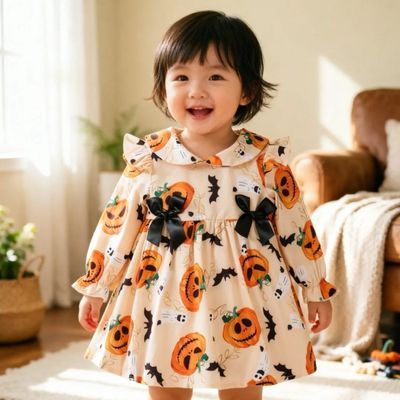 女童万圣节连衣裙南瓜蝙蝠幽灵印花长袖公主裙宝宝节日演排队服