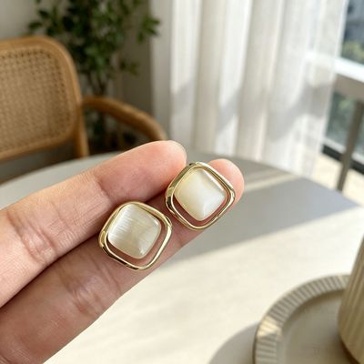 防水防汗 简约猫眼方块耳环轻奢小众气质通勤百搭显脸小精致优雅
